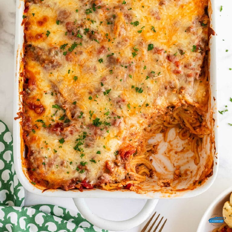 white pan of baked pasta