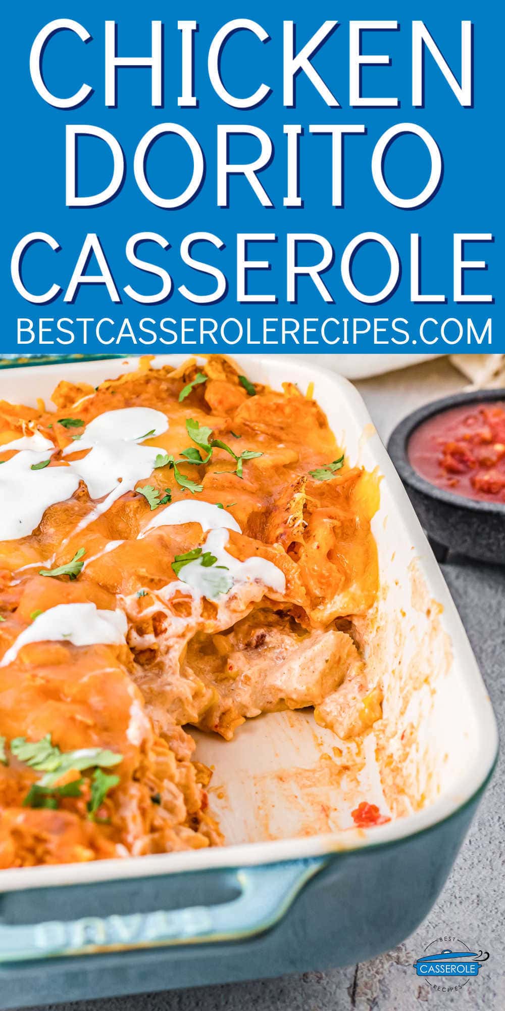 pan of casserole with blue banner and white text
