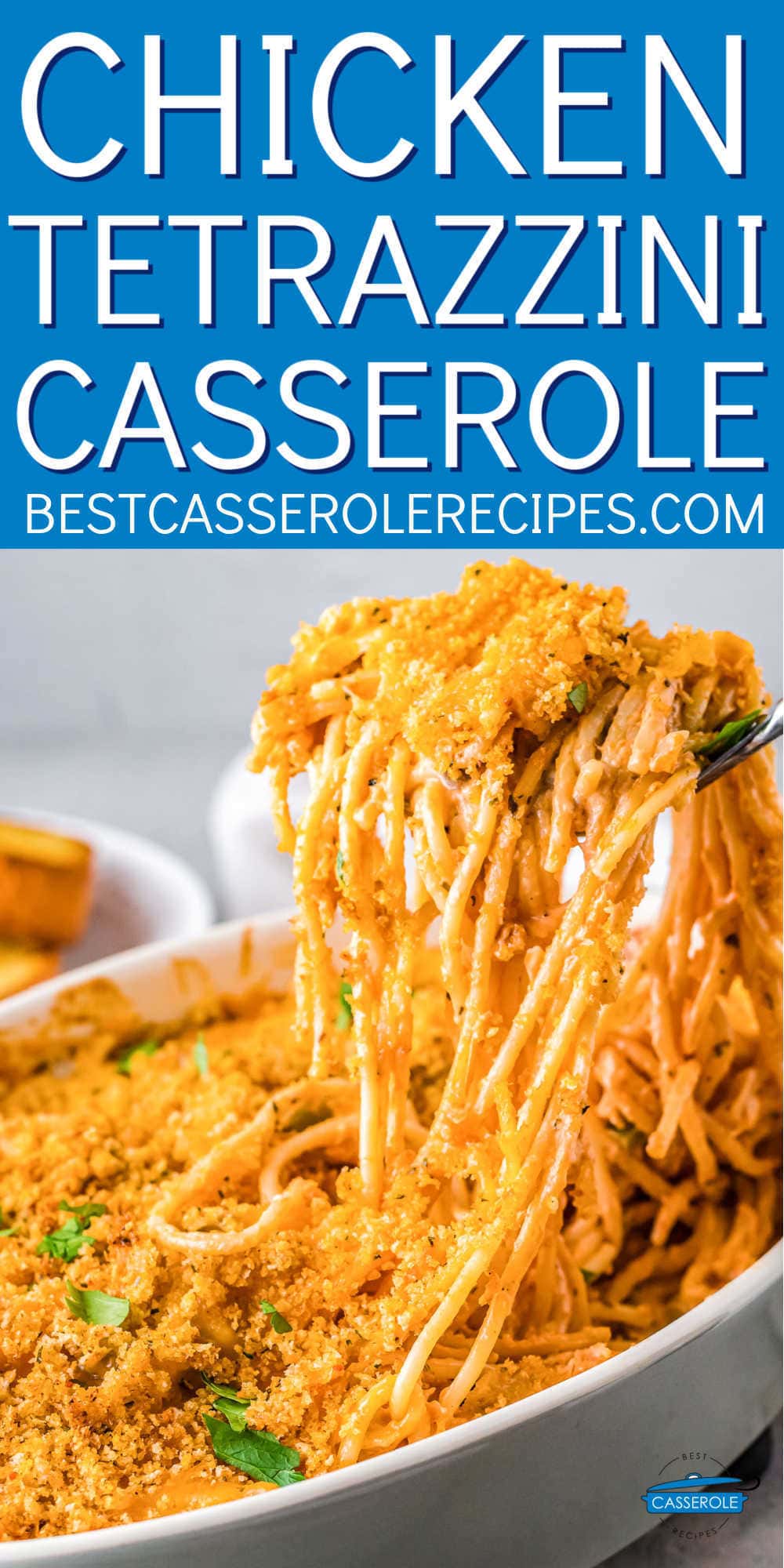 fork of pasta with text "chicken tetrazzini casserole"