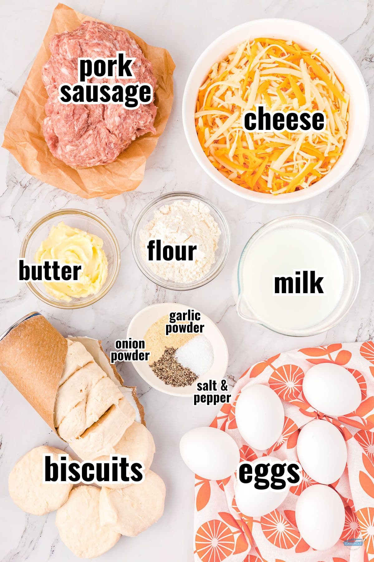 labeled ingredients for biscuits and gravy casserole