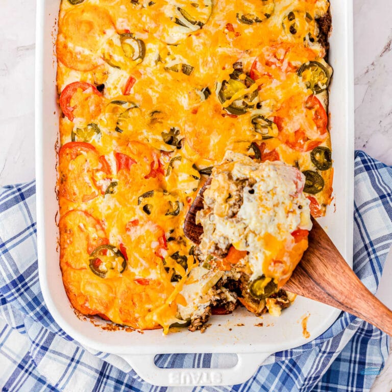 john wayne casserole in a white enamel casserole dish