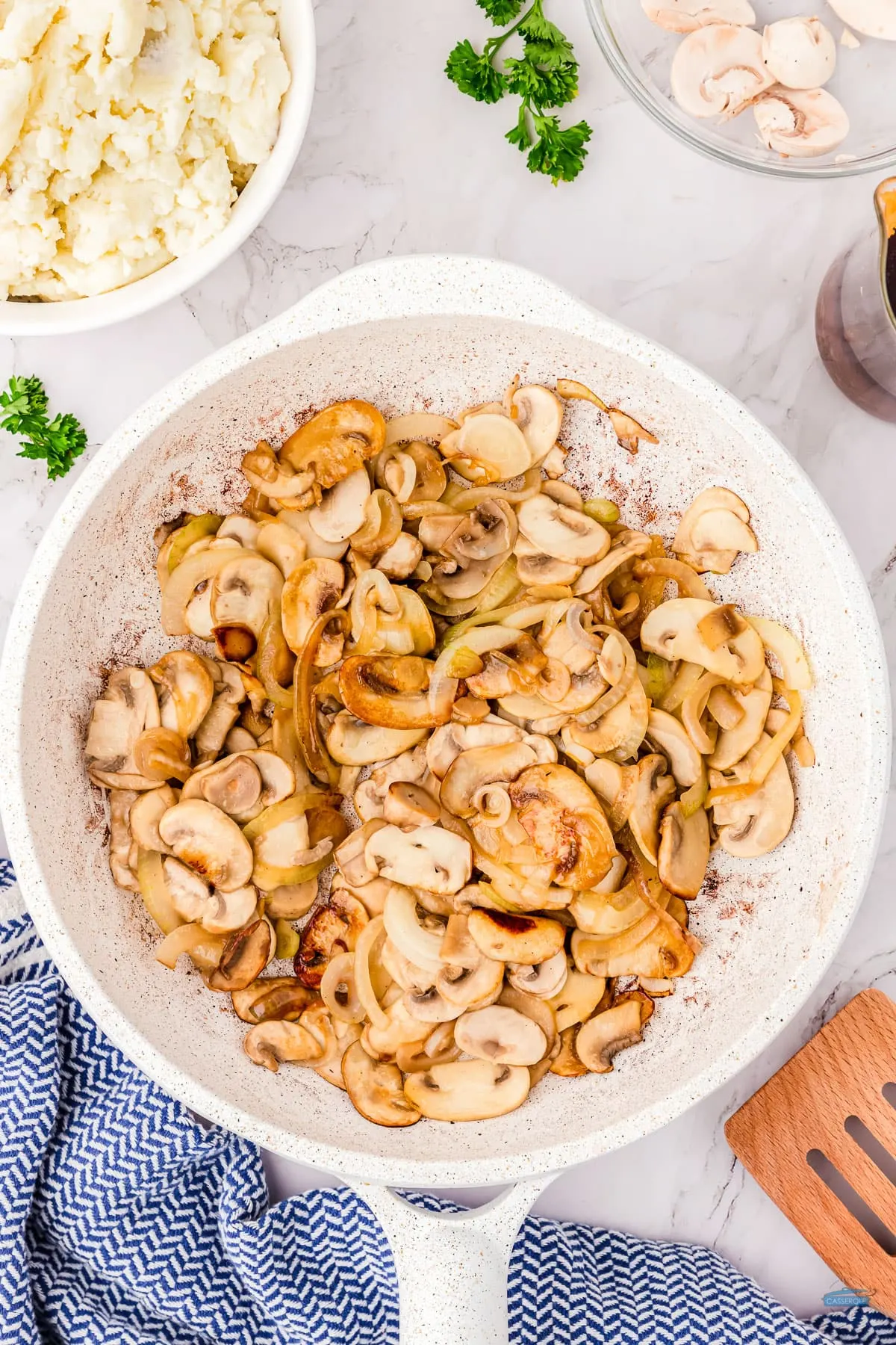 cooked golden mushrooms for salisbury steak casserole fill hungry tummies