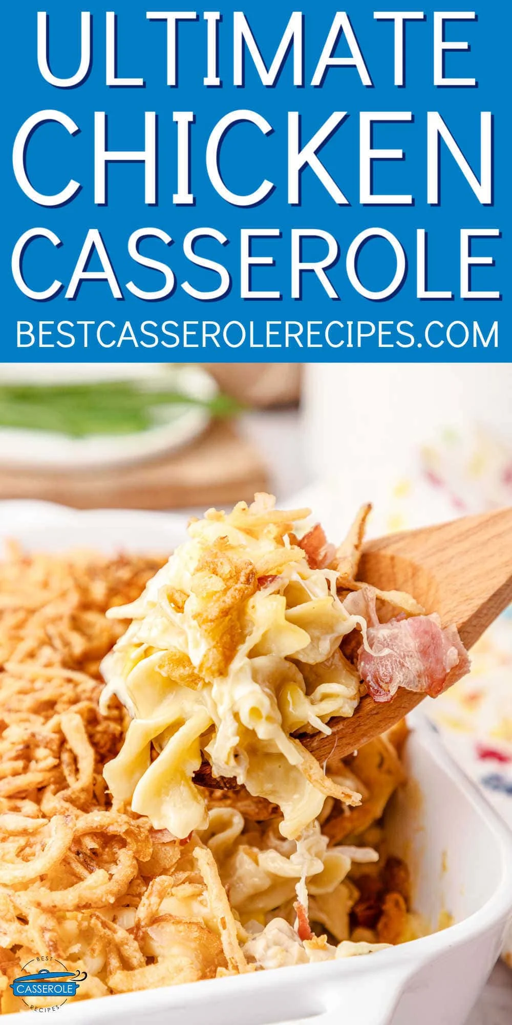 scoop of casserole with text "ultimate chicken"