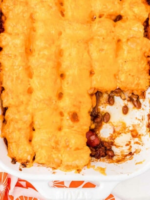 layers of tater tot topping for beanie weenie casserole