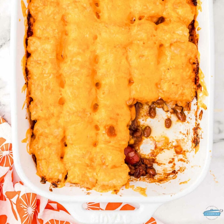 layers of tater tot topping for beanie weenie casserole