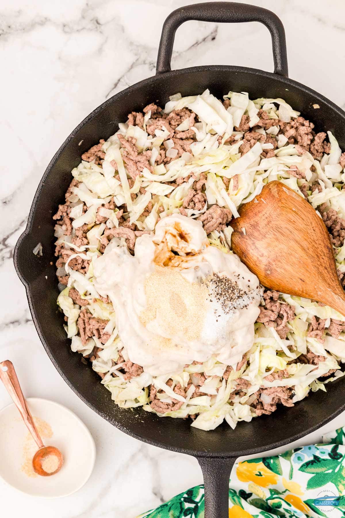 ground beef and sauce in a skillet