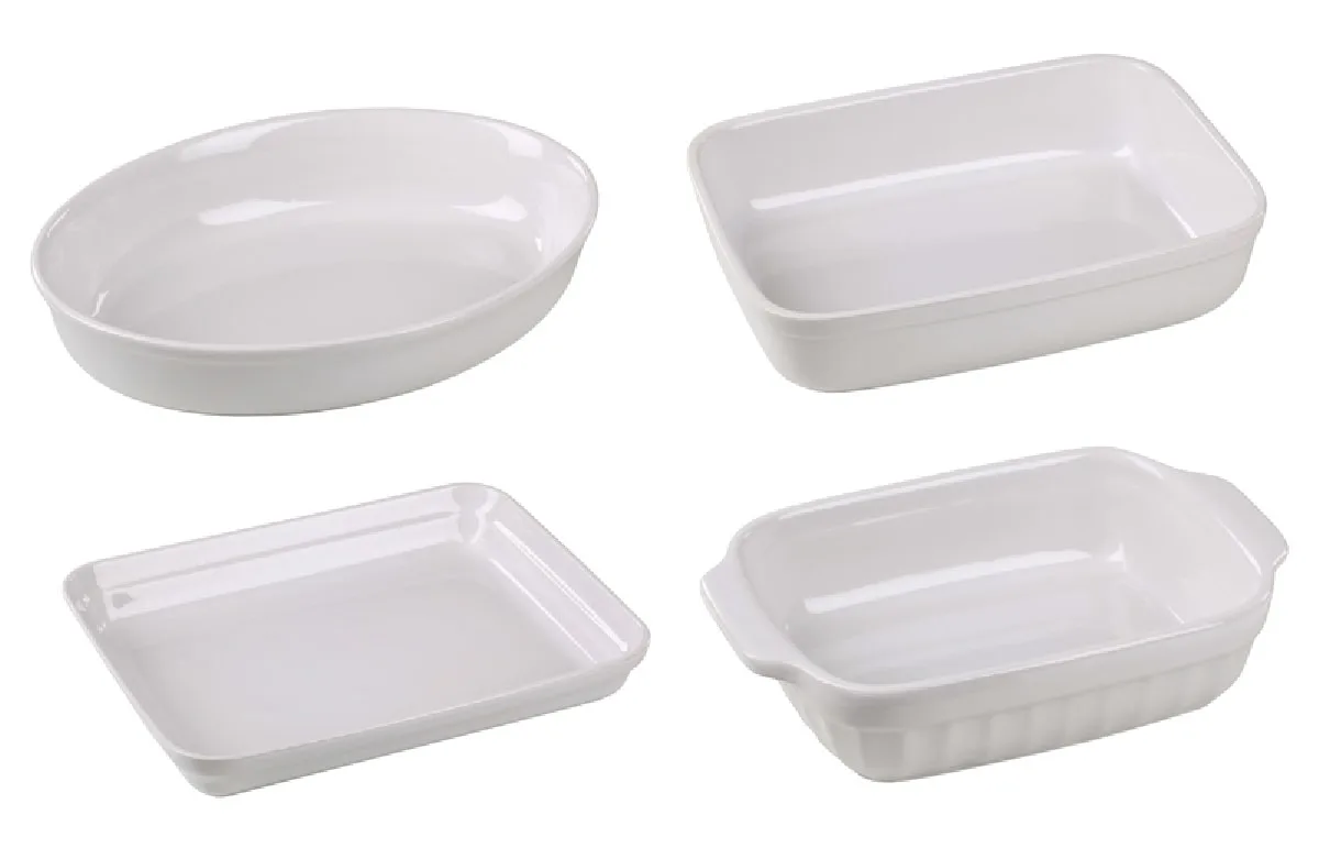 types of white enamel covered casserole dishes in a variety of shapes and sizes