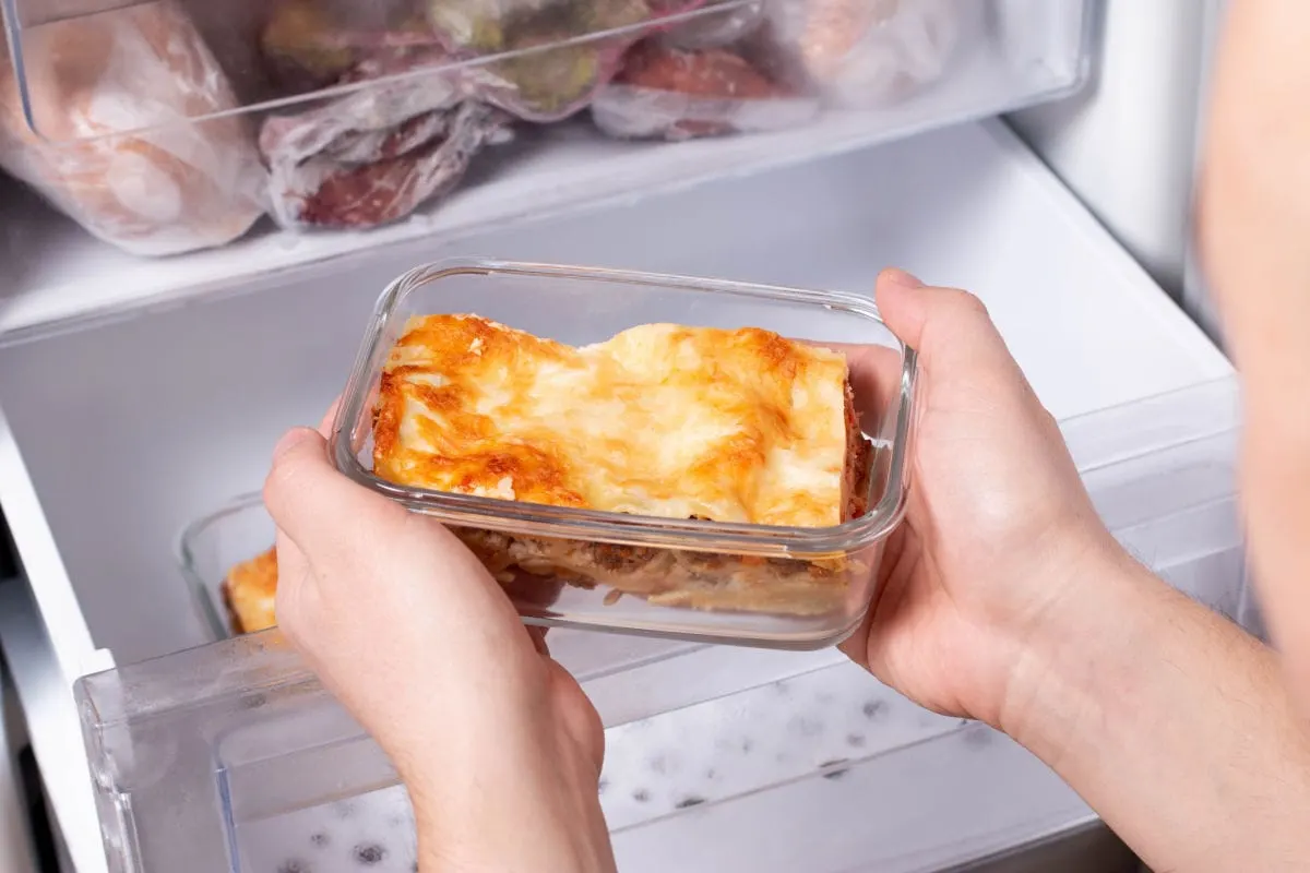 single serve of lasagna over a freezer drawer