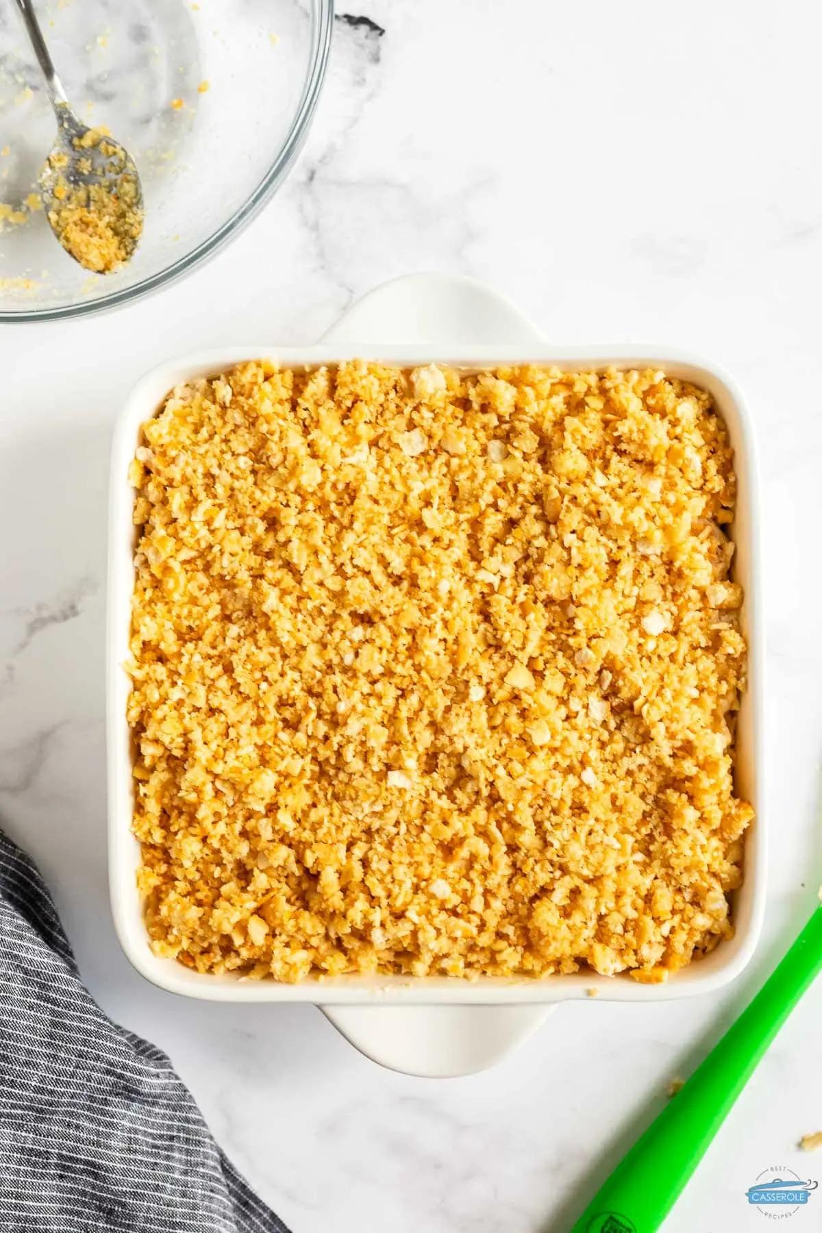 unbaked casserole with cracker topping