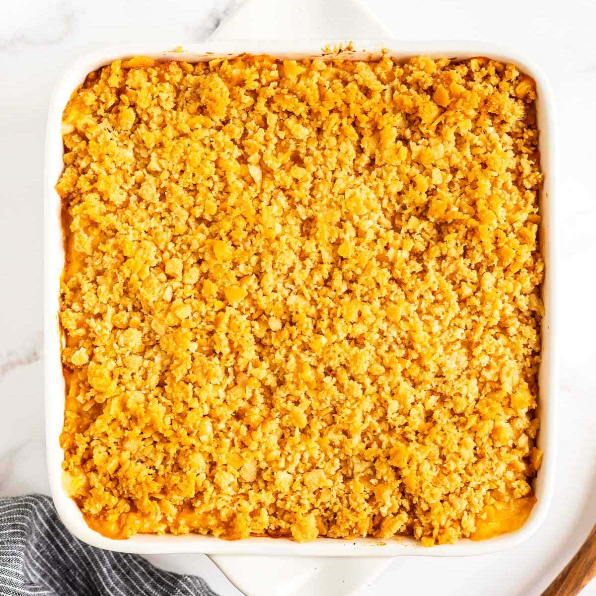 square casserole dish with cracker topping