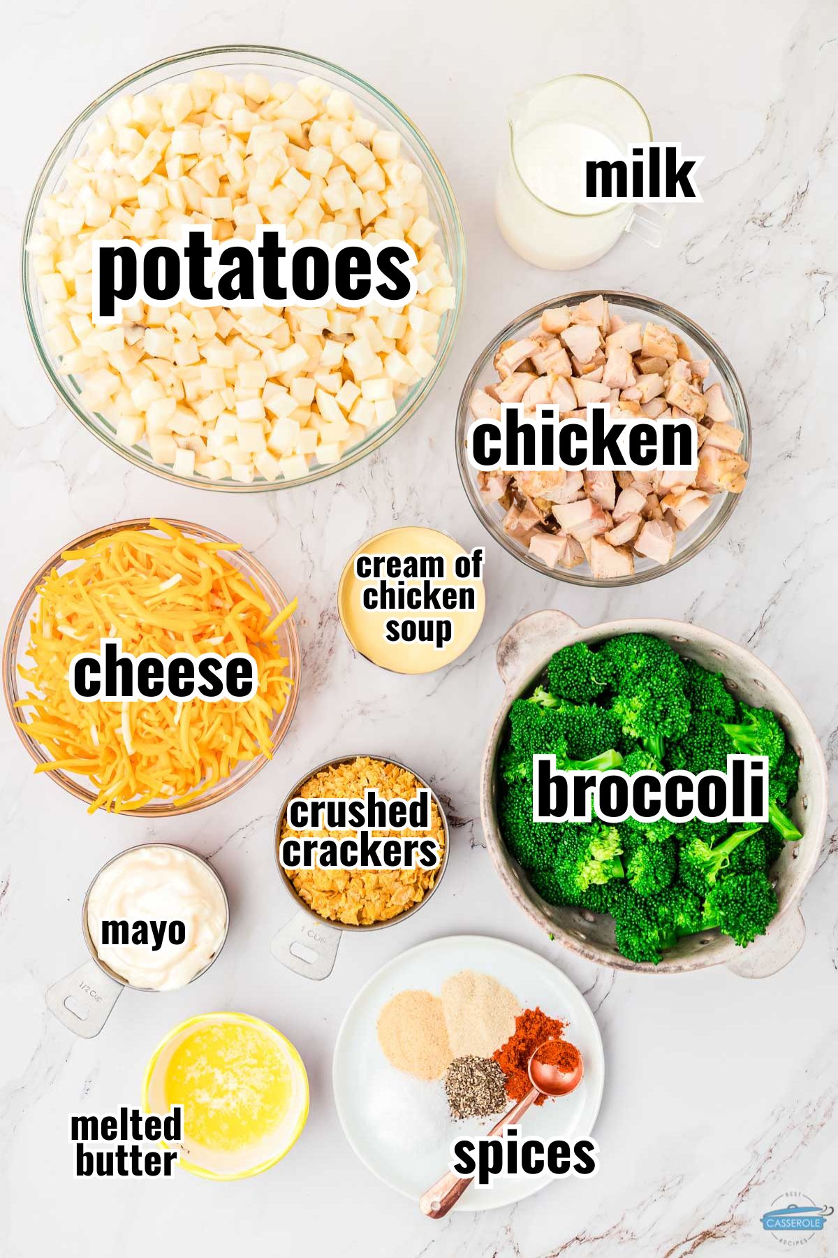 labeled picture of casserole ingredients