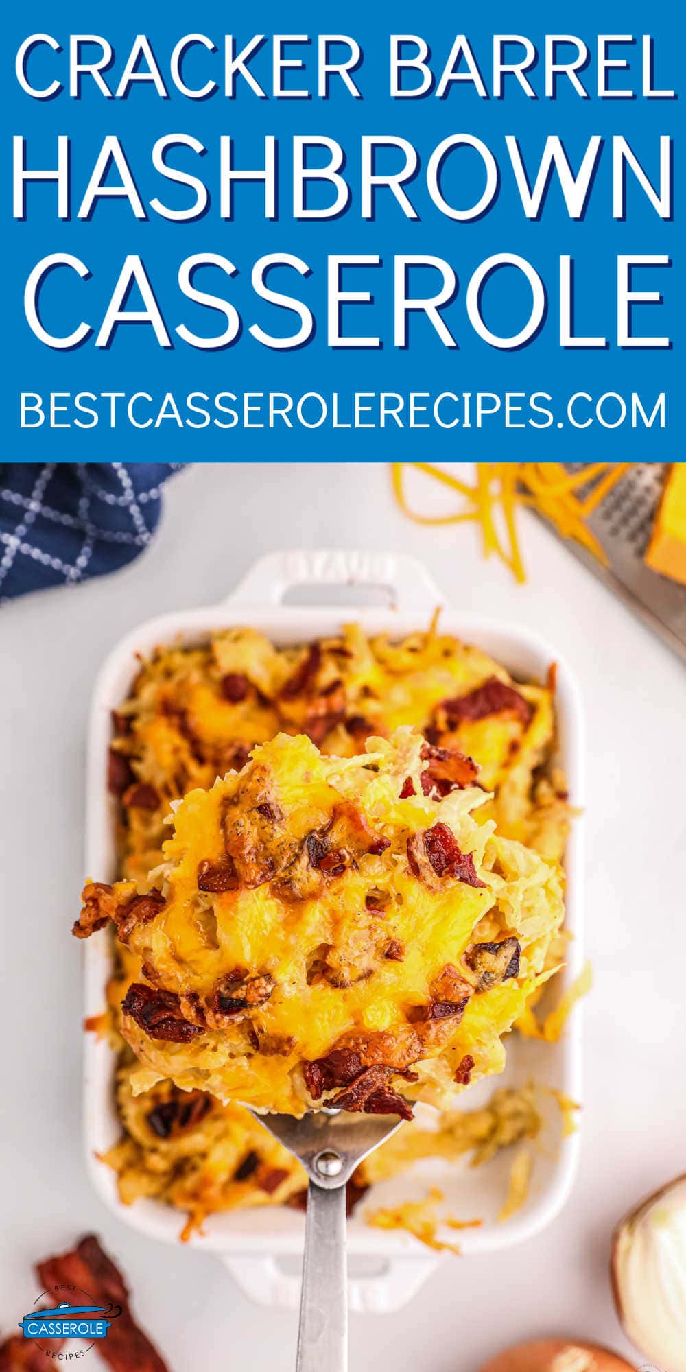 spatula holding a square of casserole with blue banner and text "copycat hashbrown casserole"