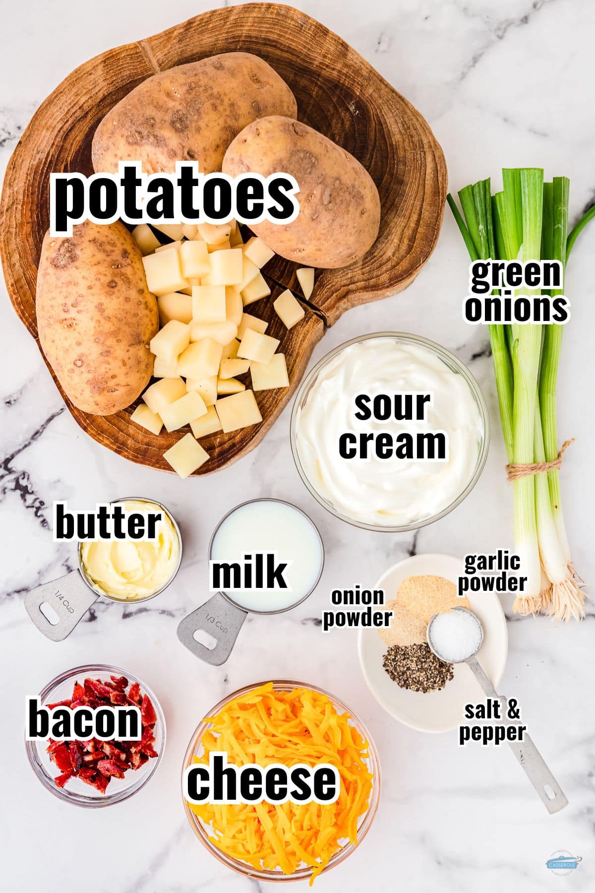 labeled ingredients for a potato casserole