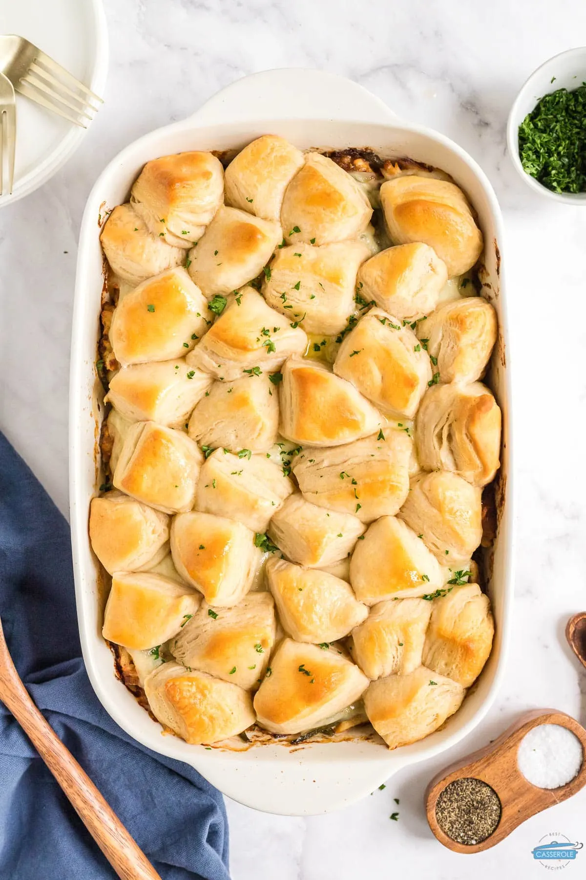 baked french onion chicken casserole in a white dish