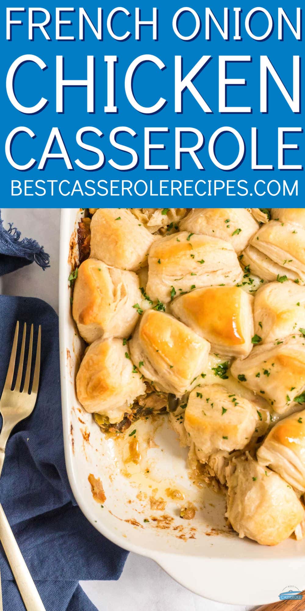 casserole with biscuits on top and a blue banner with text