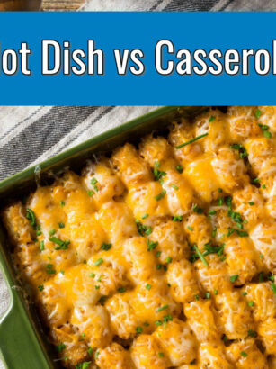tater tot casserole with blue banner and text "hot dish vs casserole"