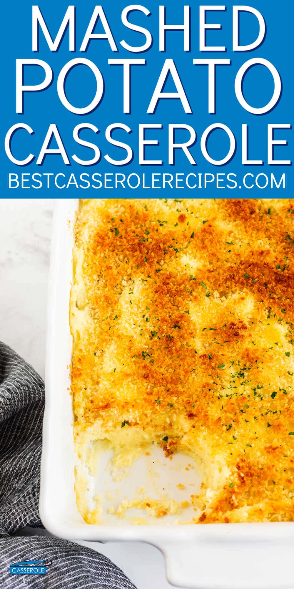 scoop missing from casserole with blue banner and text "mashed potato casserole"