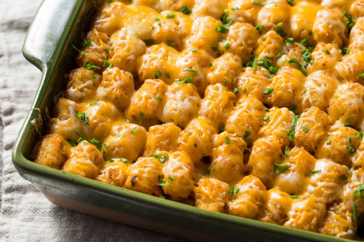 close up of casserole topped with tater tots