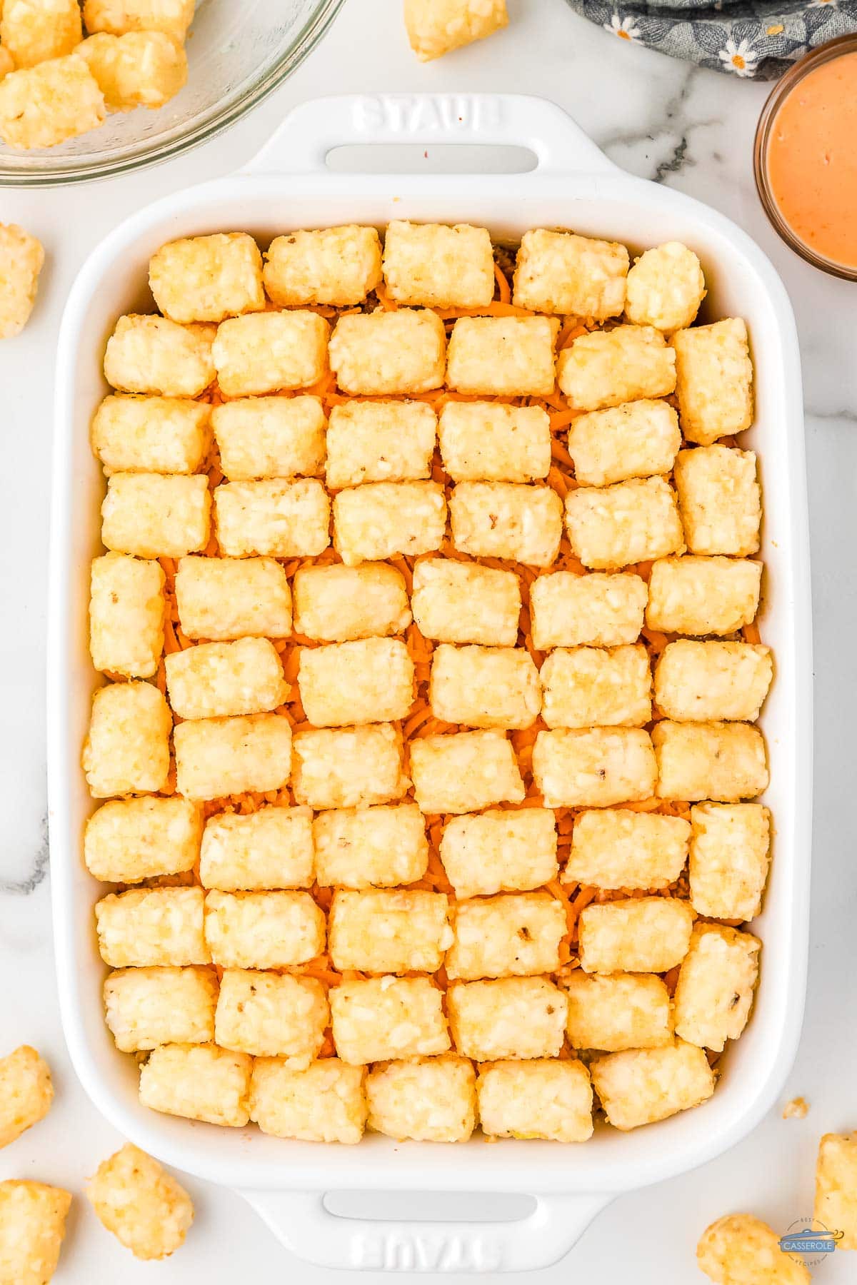 frozen tater tots in a white baking dish