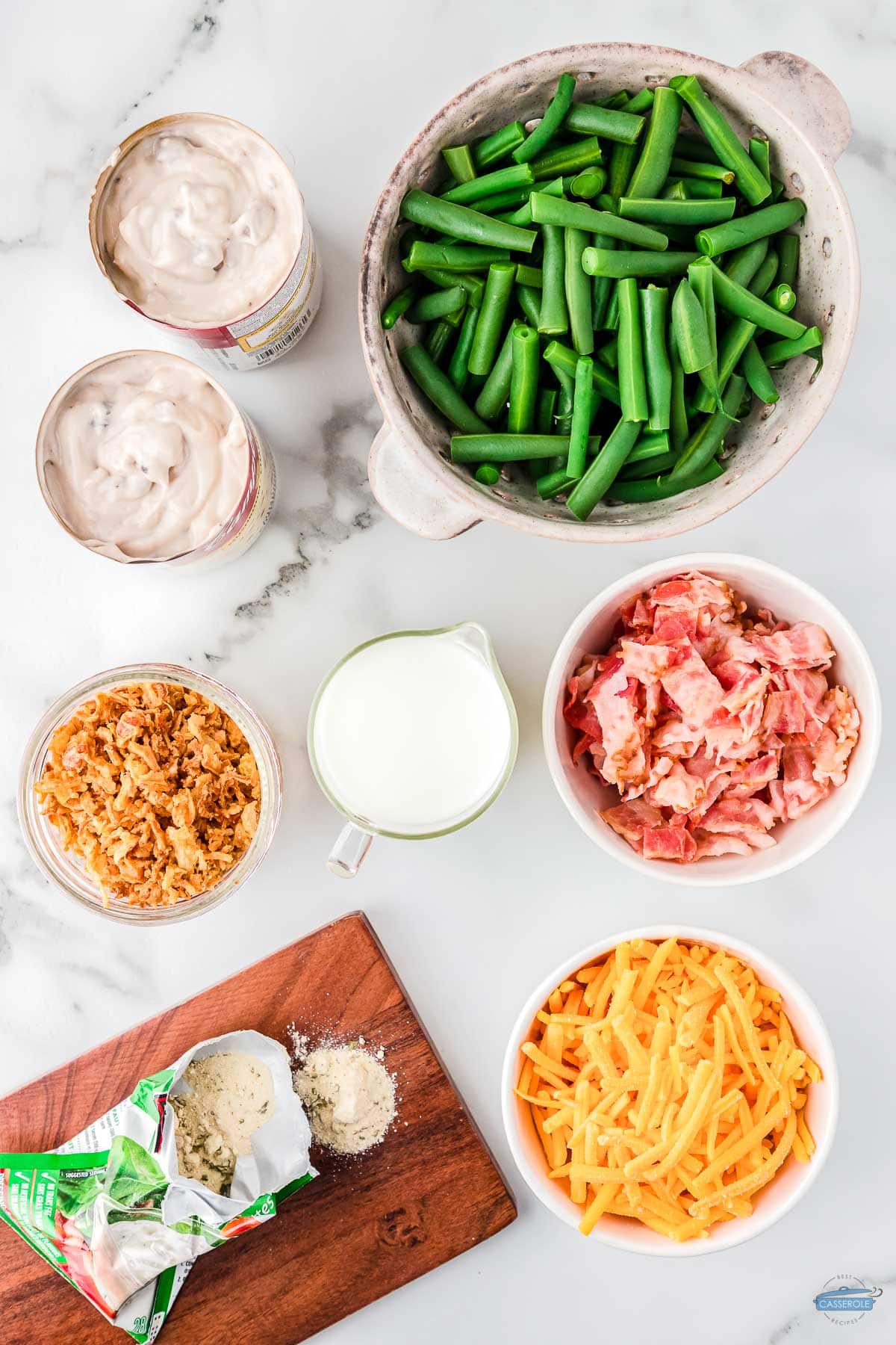 individual bowls of ingredients for crack green bean casserole
