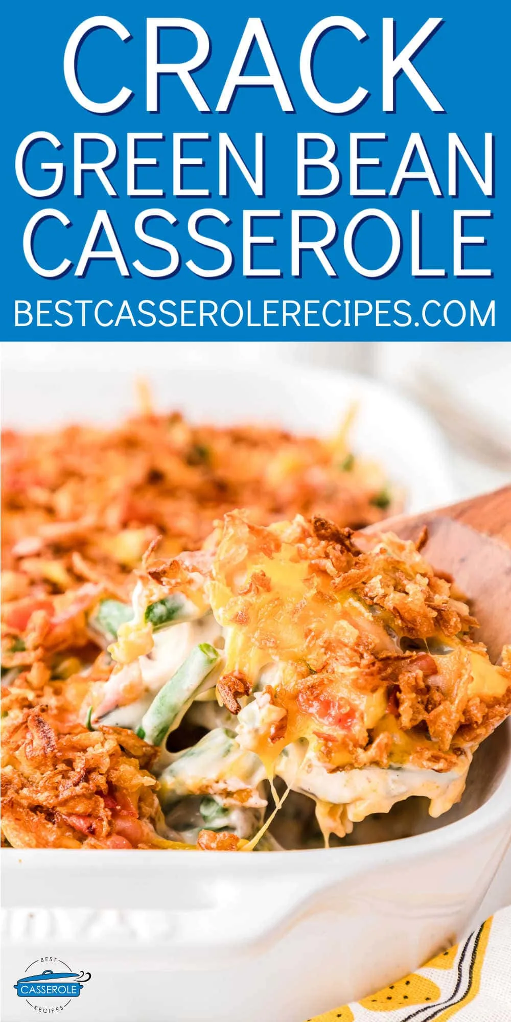 scoop of casserole with blue banner and text