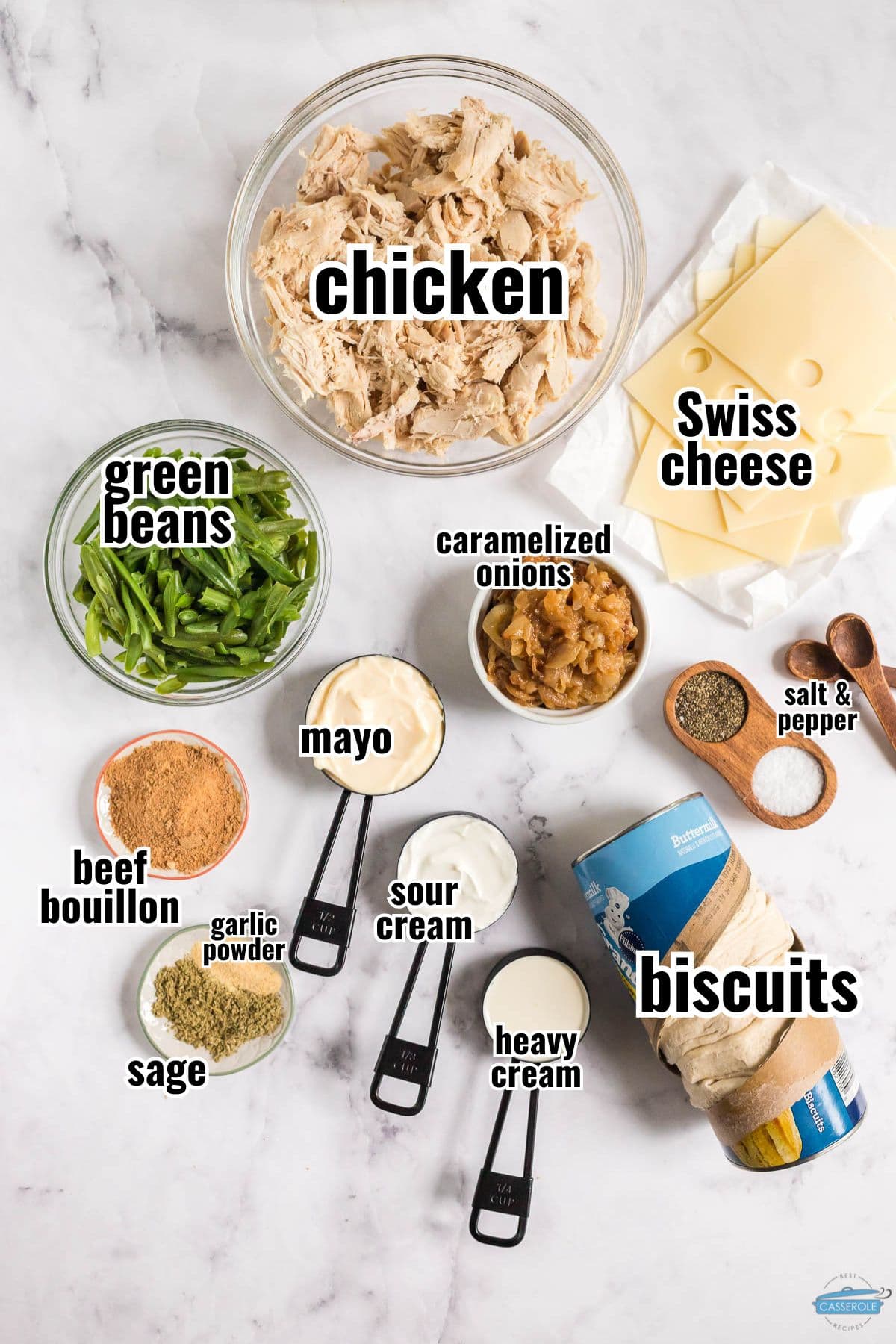 labeled ingredients for French onion chicken casserole