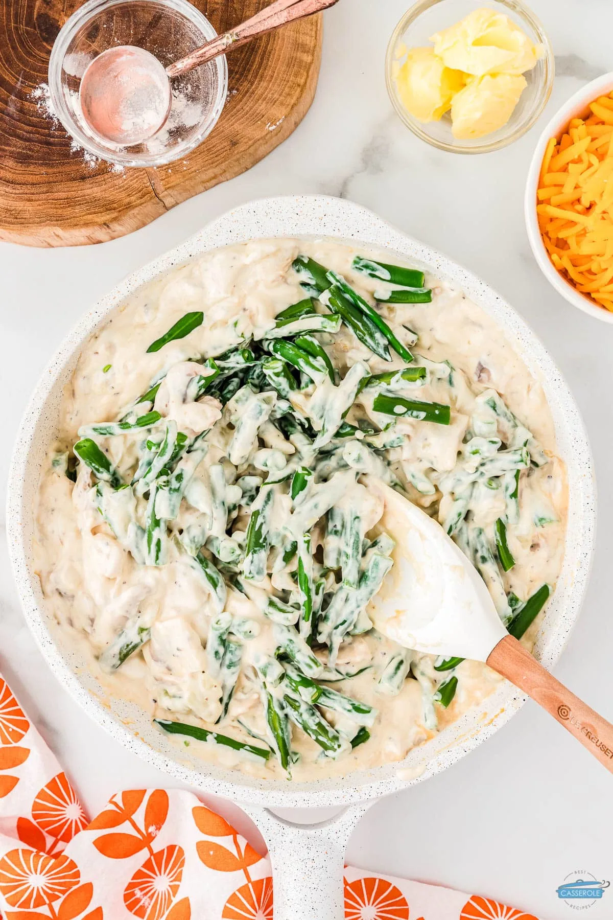 green beans and soup in a skillet