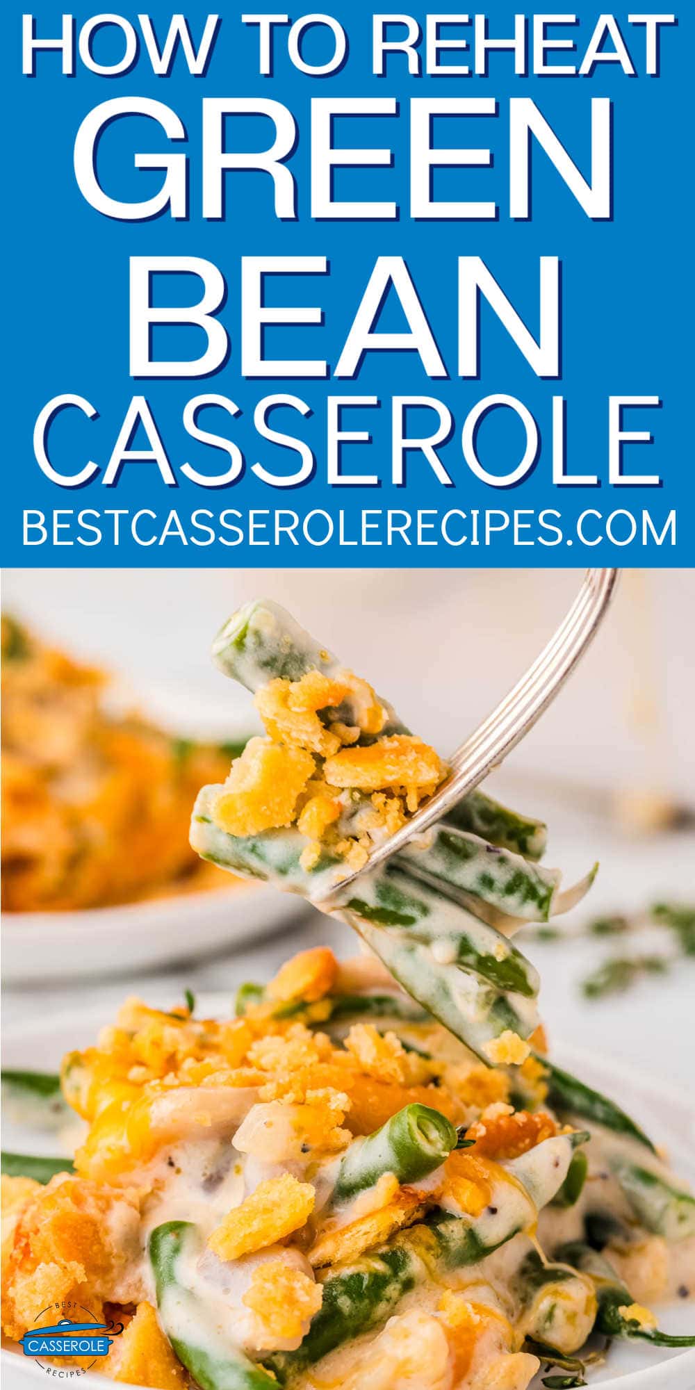 fork of green bean casserole with blue banner and text