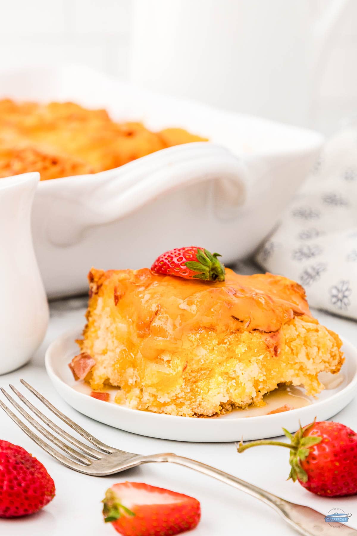 piece of pancake casserole with strawberries