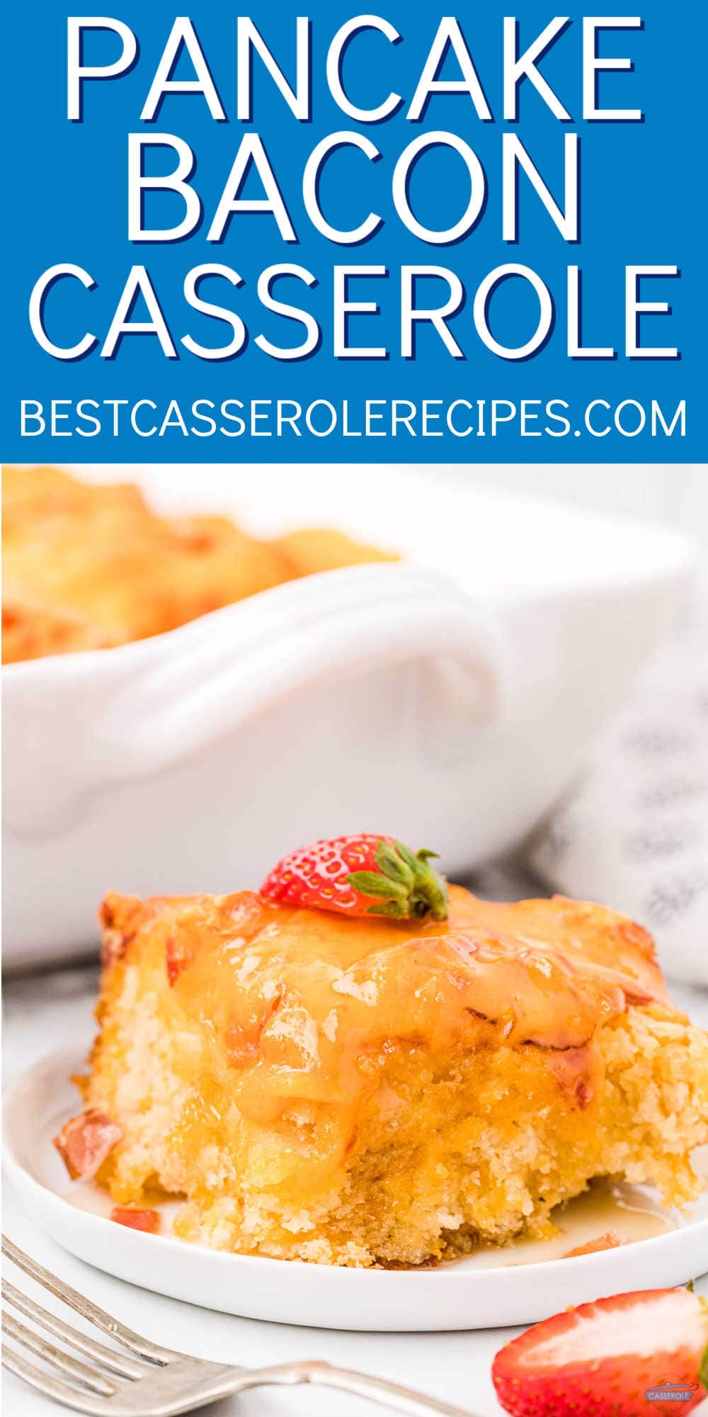 piece of pancake casserole on a white plate with a blue banner and text