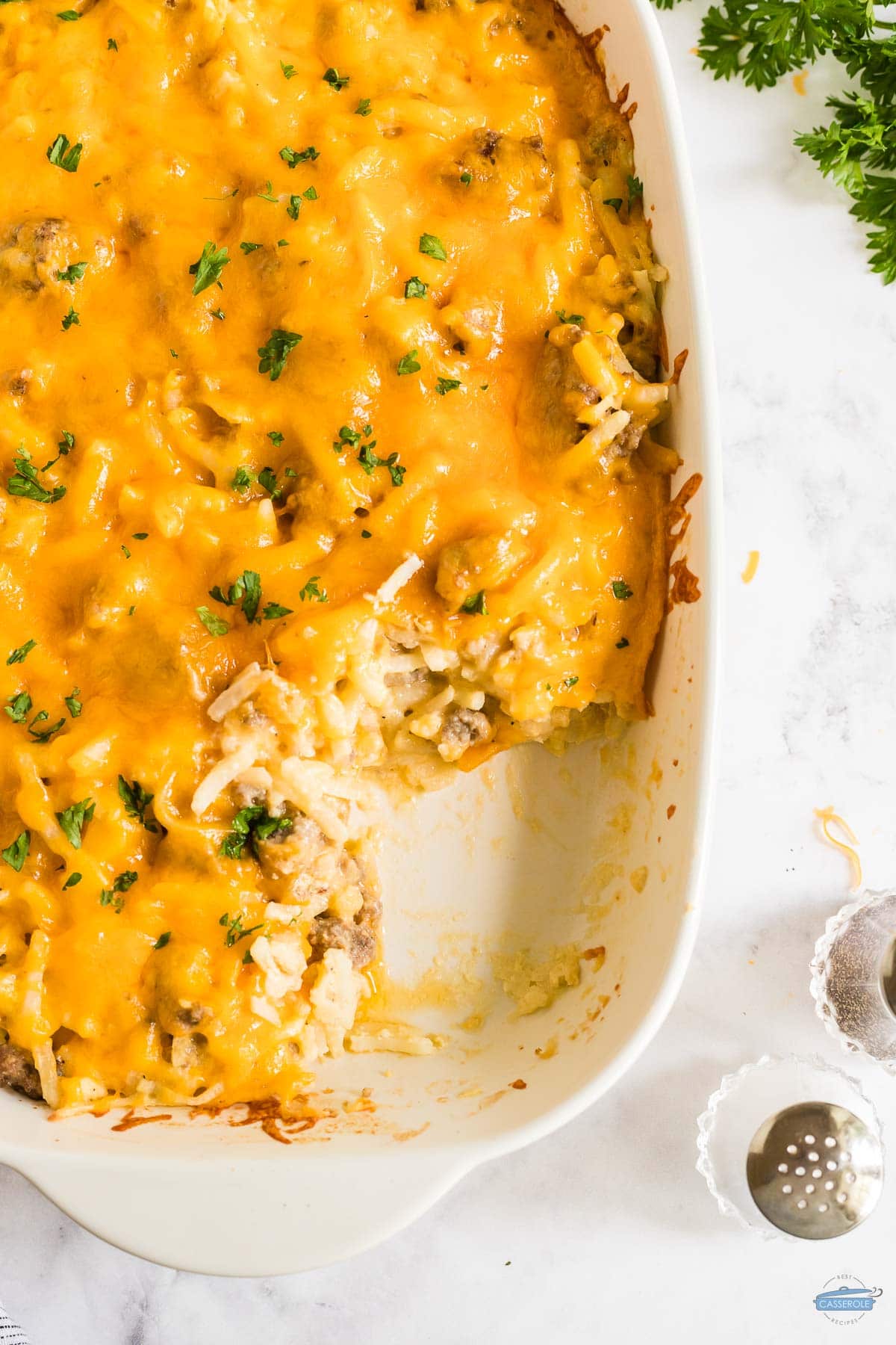 close up of baked casserole with a scoop missing