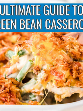 scoop of green bean casserole with blue banner and white text