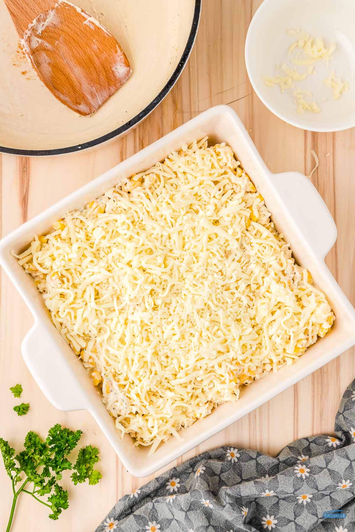 unbaked casserole in a square dish