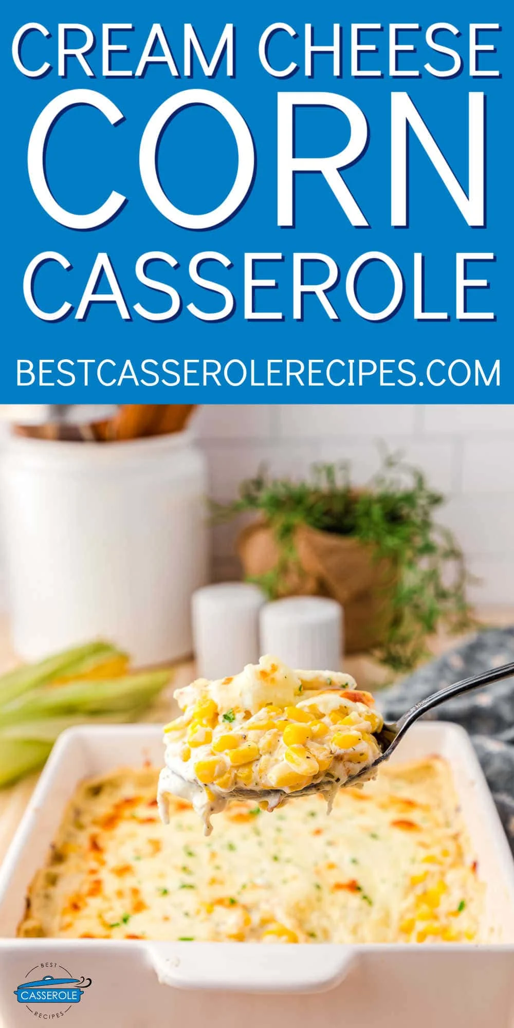 big spoon of corn casserole and blue banner with text