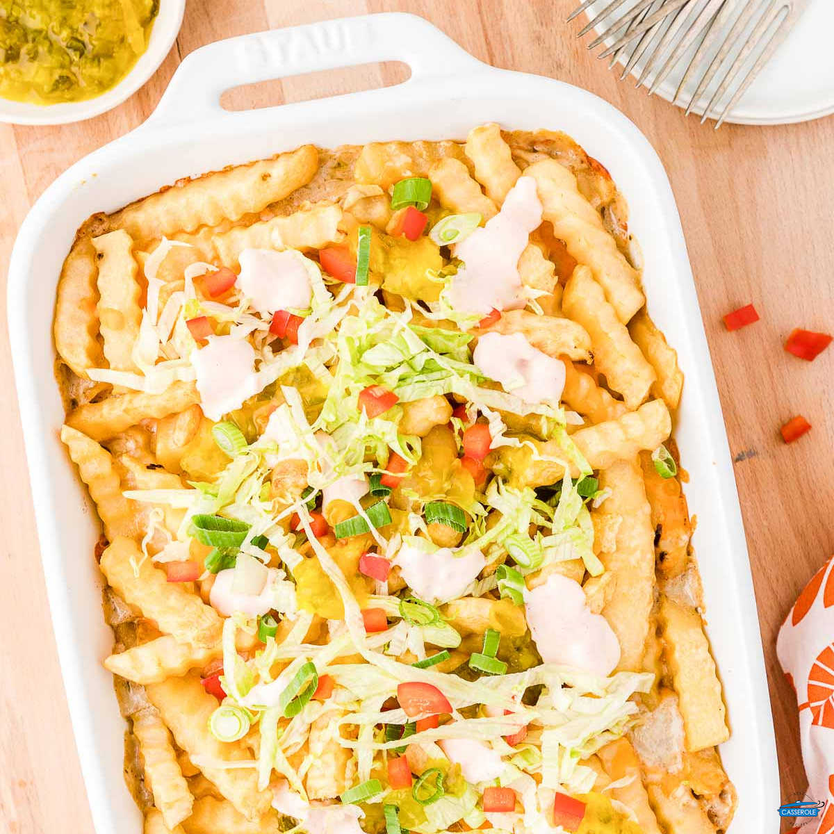 overhead picture of french fry casserole in a white baking dish