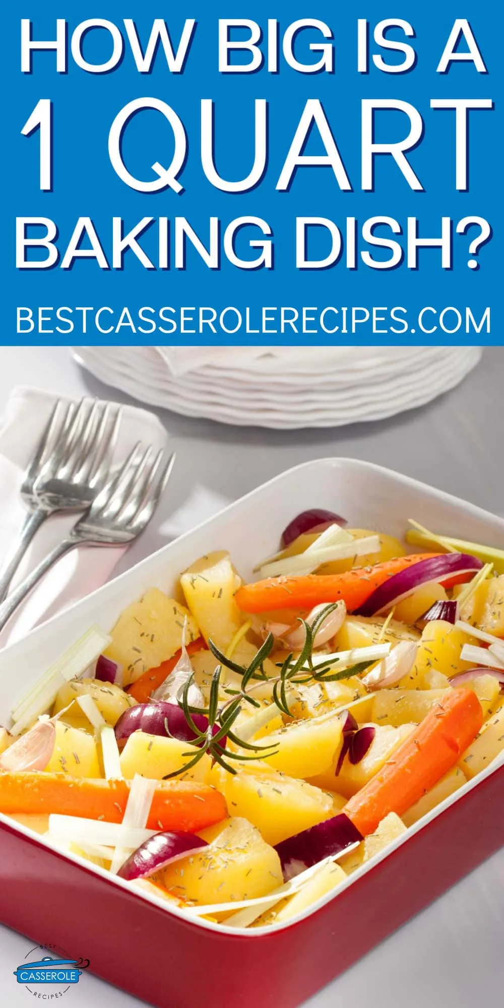 red baking dish with roasted vegetables and blue banner with text