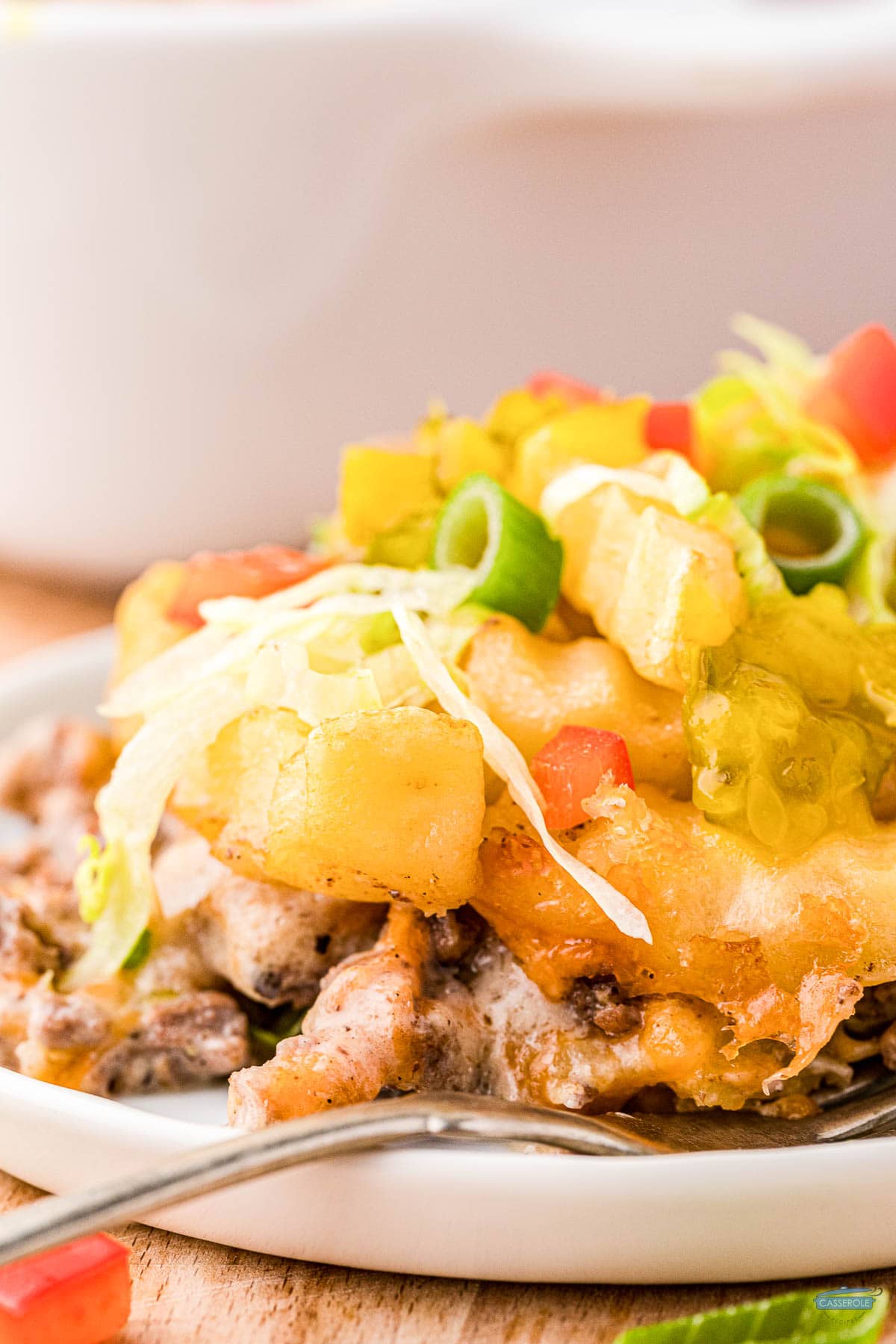 close up of cheeseburger french fry casserole
