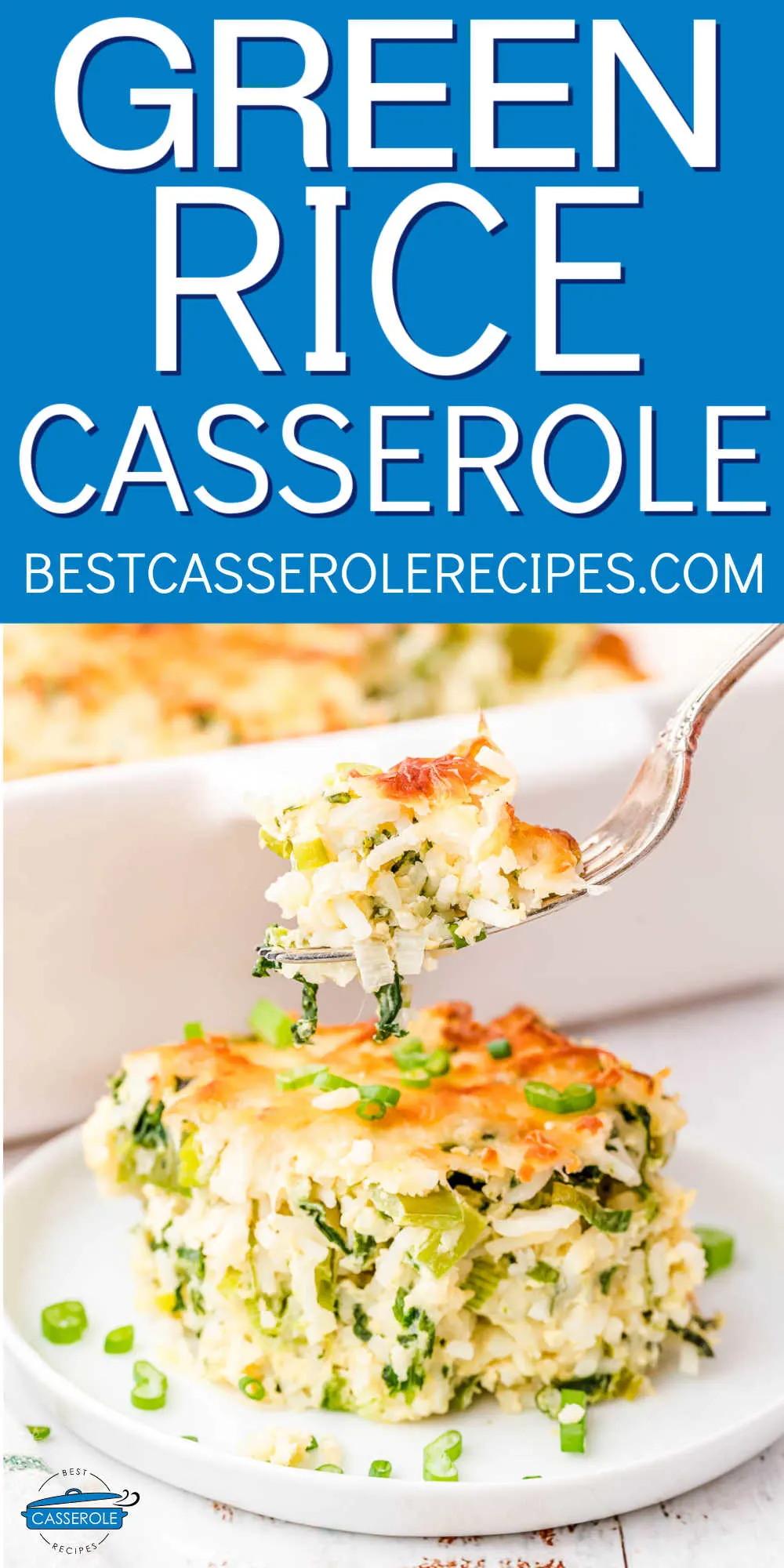 fork with bite of casserole on it and blue banner with white text