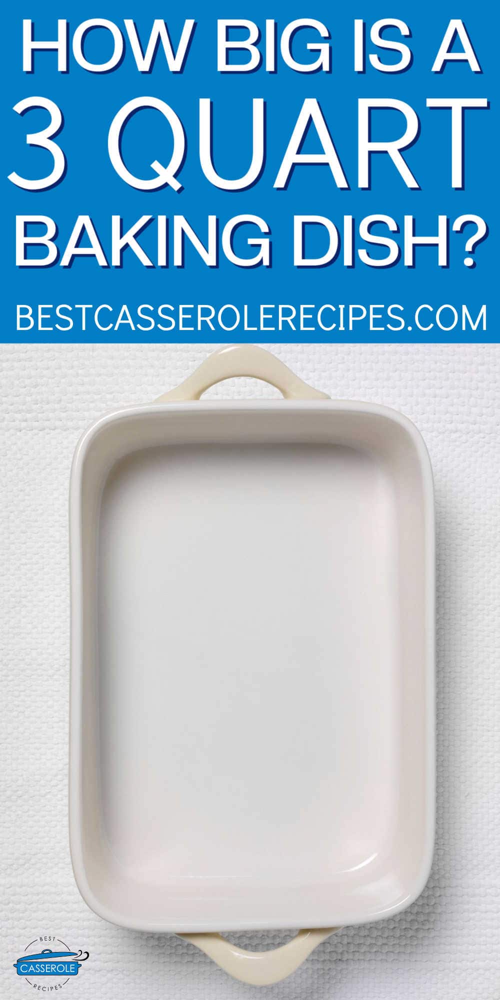empty white baking dish with blue banner and white text
