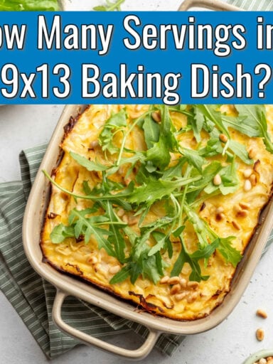 egg casserole in a rectangle dish with blue banner and text