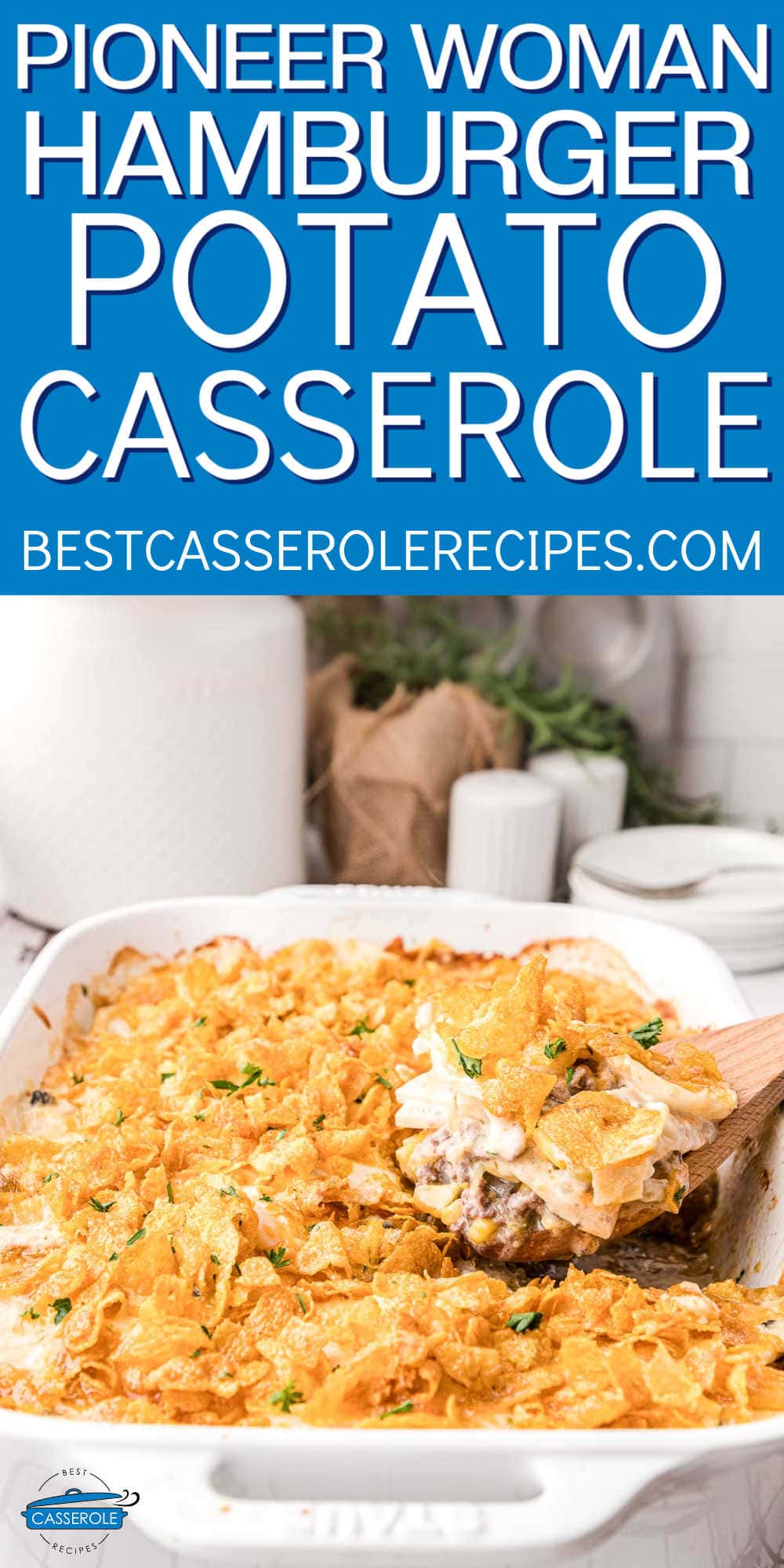 casserole dish with wood spoon and blue banner with white text