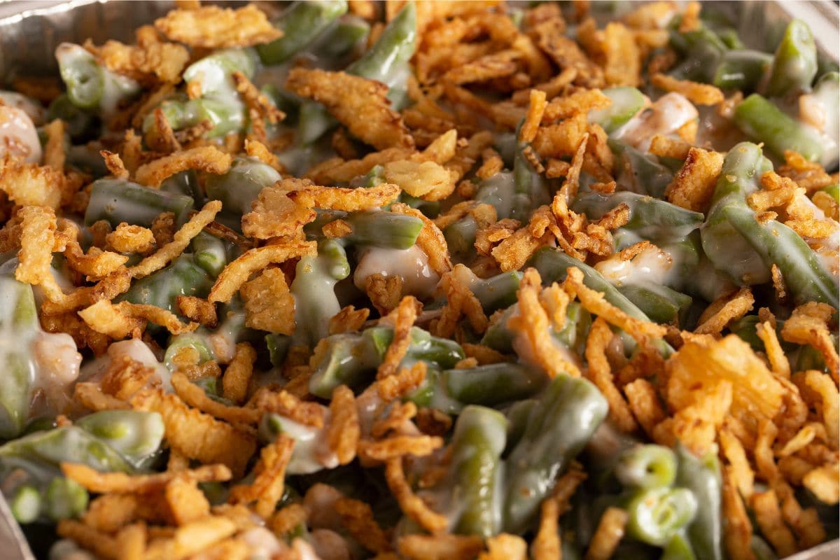 close up of green bean casserole with cream of chicken soup