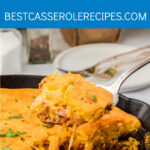 scoop of casserole coming out with a spoon and a blue banner with white text