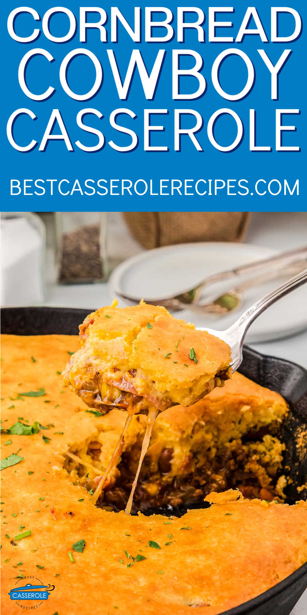 scoop of casserole coming out with a spoon and a blue banner with white text