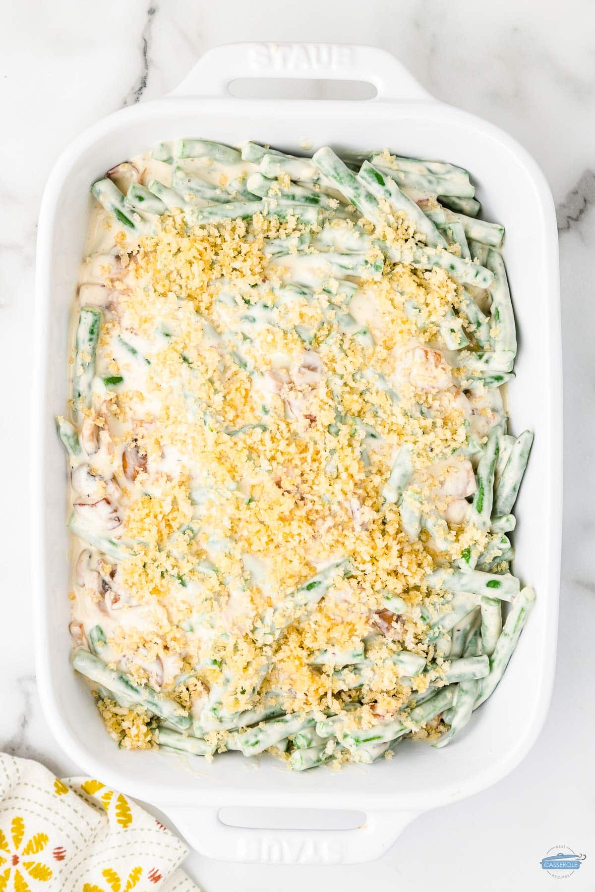 green bean casserole topped with panko unbaked