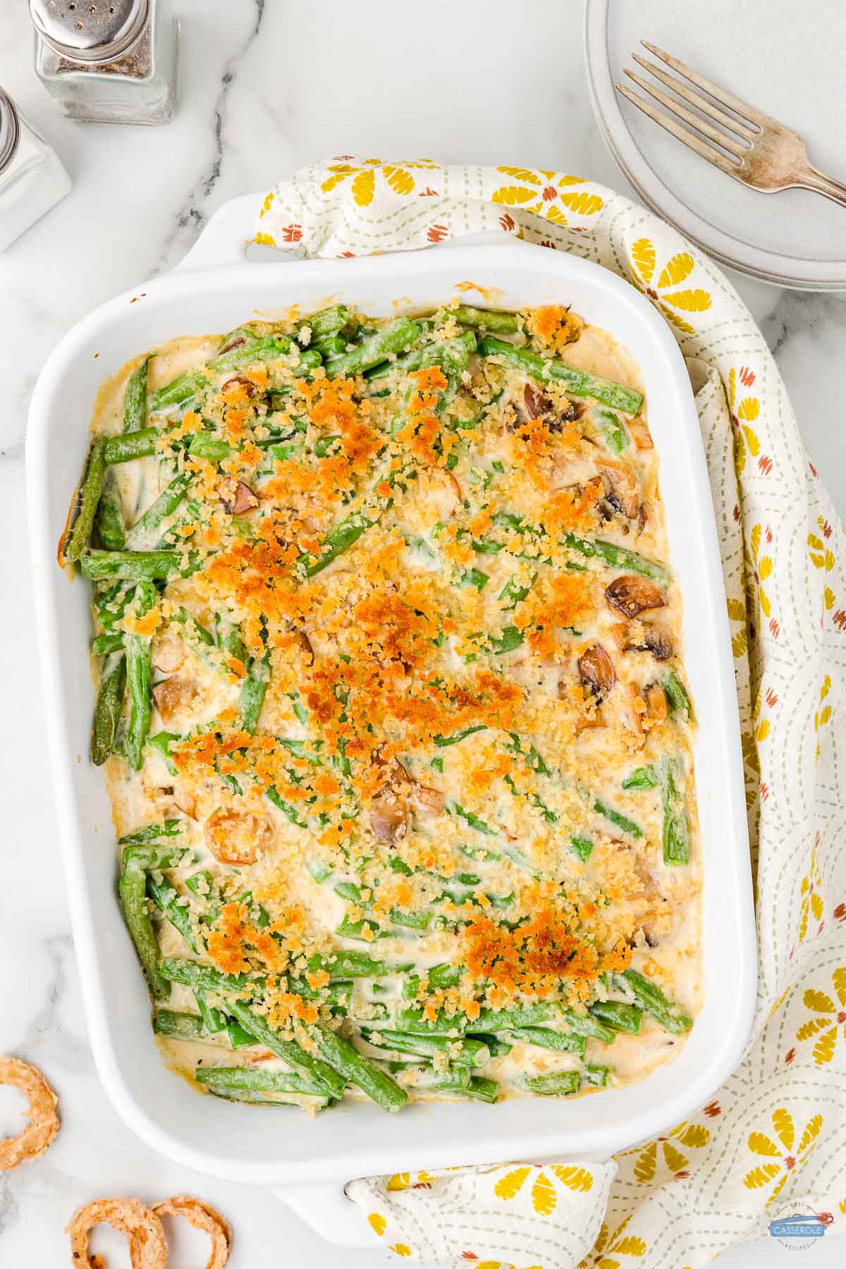 baked green bean casserole with panko topping