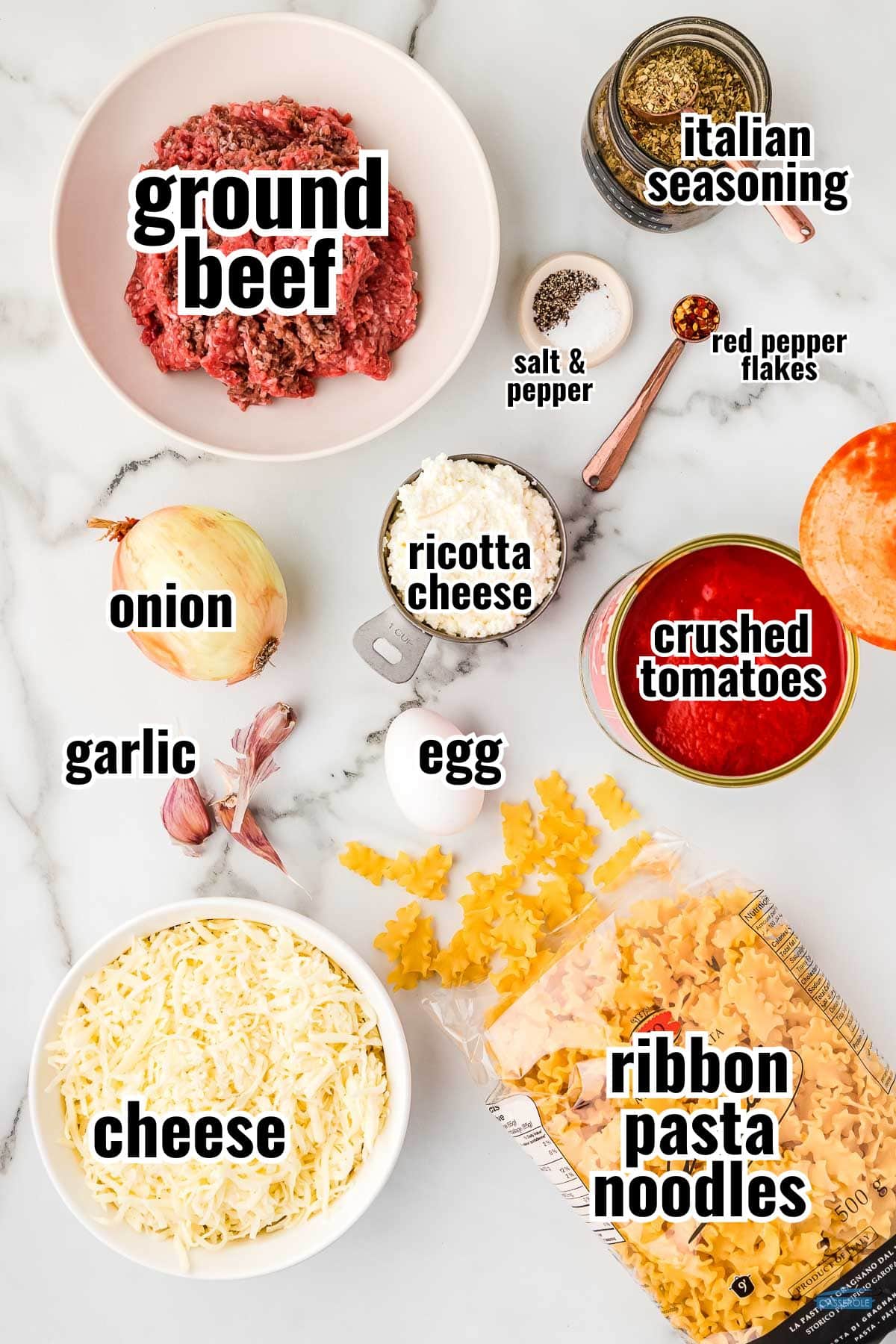 labeled ingredients for lasagna casserole