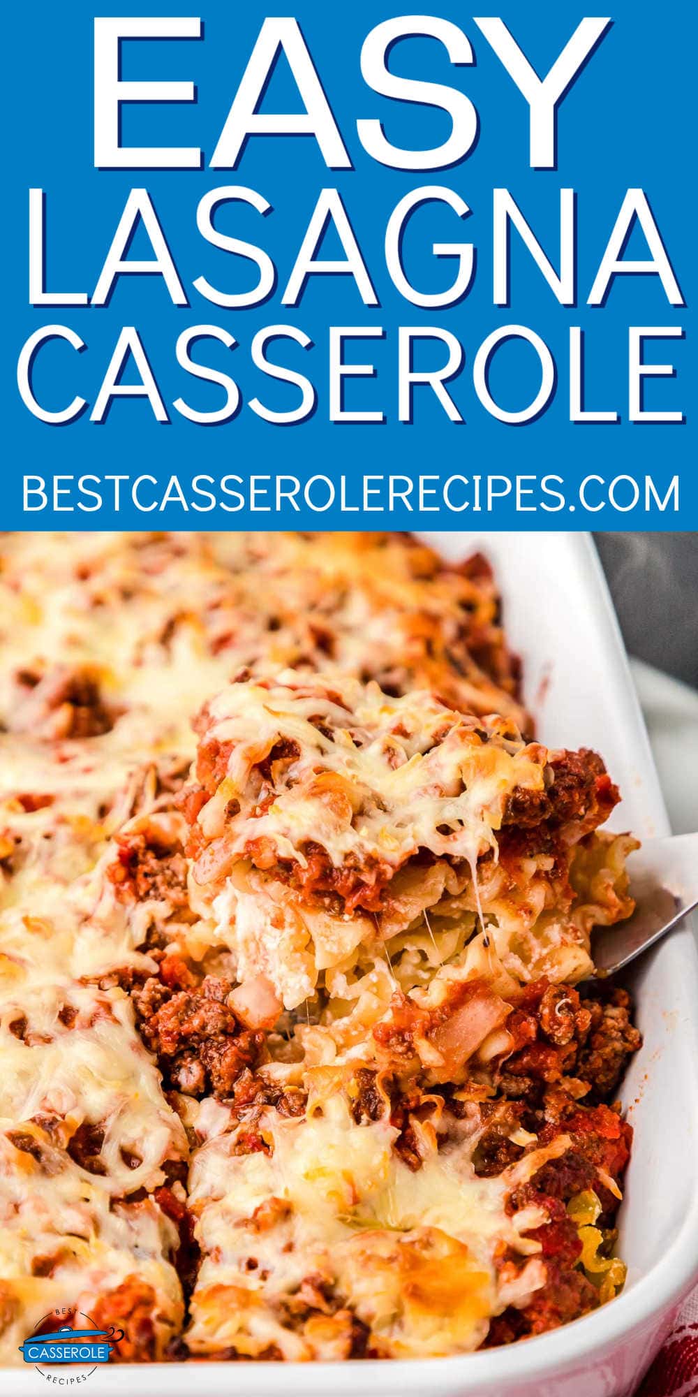 slice of casserole with blue banner and white text