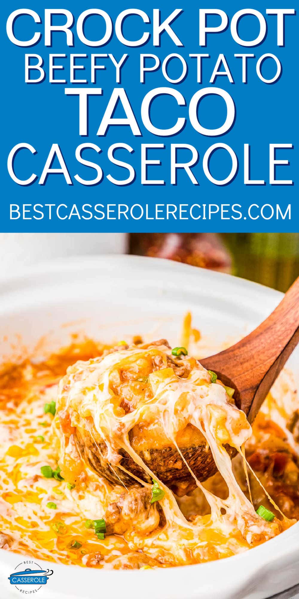 scoop of cheesy casserole with blue banner and white text