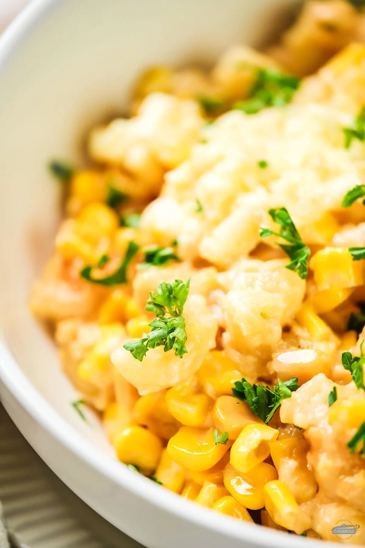 close up of macaroni corn casserole